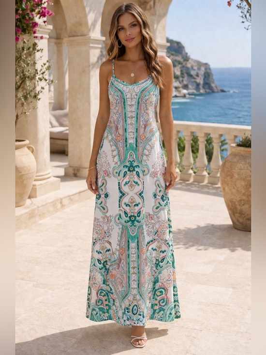 Dresses & Skirts - White & Green Printed Maxi Dress Mediterranean Resort Luxe Spaghetti Strap Flowy